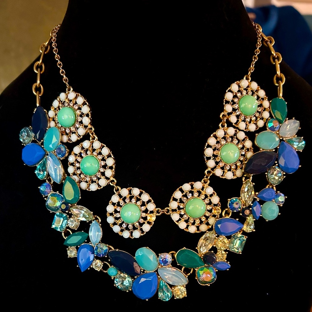 Bundle/lot: 2 J. Crew Aqua/Multi Statement Necklaces Crystal Collar Medallion